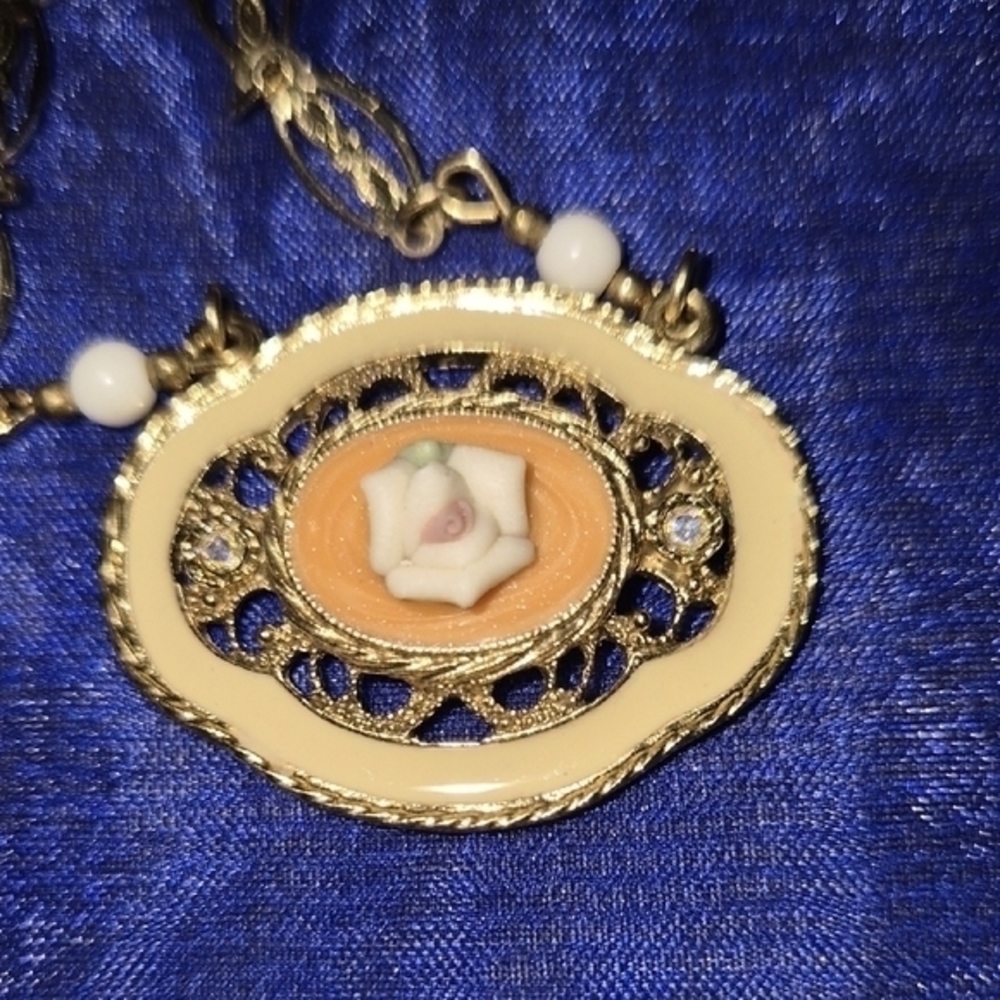 Gold Tone Art Nouveau Deco Enamel Vintage Necklace
